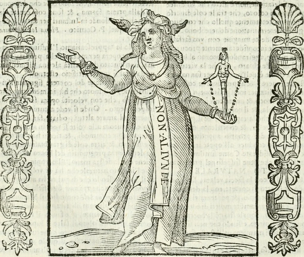 An illustration from Noua iconologia di Cesare Ripa perugino, caualier de SS. Mauritio & Lazzaro. Nella quale si descriuono diuerse imagini di virtù, vitij, affetti, passioni humane, arti, discipline, humori, elementi, corpi celesti, prouincie d'Italia, fiumi, tutte le parti del mondo, ed'altre infinite materie. Opera vtile ad oratori, predicatori, poeti, pittori, scultori, disegnatori, e ad'ogni studioso. Per inuentar concetti, emblemi, ed imprese, per diuisare qualsiuoglia apparato nuttiale, funerale, trionfale. Per rappresentar poemi drammatici, e per figurare co'suoi propij simboli ciò, che puo cadere in pensiero humano. Ampliata vltimamente dallo stesso auttore di trecento imagini, e arricchita di molti discorsi pieni di varia eruditione; con nuoui intagli, & con molti indici copiosi, 1618, leaf 657