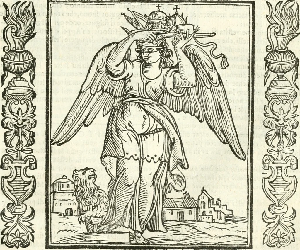 An illustration from Noua iconologia di Cesare Ripa perugino, caualier de SS. Mauritio & Lazzaro. Nella quale si descriuono diuerse imagini di virtù, vitij, affetti, passioni humane, arti, discipline, humori, elementi, corpi celesti, prouincie d'Italia, fiumi, tutte le parti del mondo, ed'altre infinite materie. Opera vtile ad oratori, predicatori, poeti, pittori, scultori, disegnatori, e ad'ogni studioso. Per inuentar concetti, emblemi, ed imprese, per diuisare qualsiuoglia apparato nuttiale, funerale, trionfale. Per rappresentar poemi drammatici, e per figurare co'suoi propij simboli ciò, che puo cadere in pensiero humano. Ampliata vltimamente dallo stesso auttore di trecento imagini, e arricchita di molti discorsi pieni di varia eruditione; con nuoui intagli, & con molti indici copiosi, 1618, leaf 66