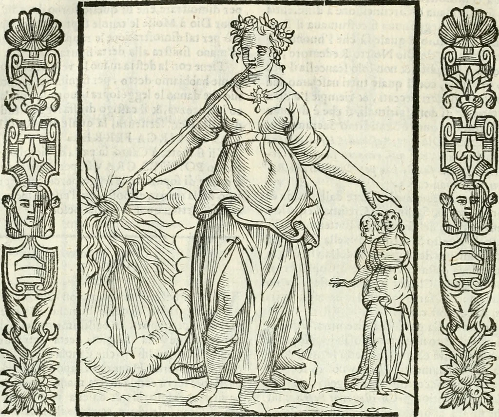 An illustration from Noua iconologia di Cesare Ripa perugino, caualier de SS. Mauritio & Lazzaro. Nella quale si descriuono diuerse imagini di virtù, vitij, affetti, passioni humane, arti, discipline, humori, elementi, corpi celesti, prouincie d'Italia, fiumi, tutte le parti del mondo, ed'altre infinite materie. Opera vtile ad oratori, predicatori, poeti, pittori, scultori, disegnatori, e ad'ogni studioso. Per inuentar concetti, emblemi, ed imprese, per diuisare qualsiuoglia apparato nuttiale, funerale, trionfale. Per rappresentar poemi drammatici, e per figurare co'suoi propij simboli ciò, che puo cadere in pensiero humano. Ampliata vltimamente dallo stesso auttore di trecento imagini, e arricchita di molti discorsi pieni di varia eruditione; con nuoui intagli, & con molti indici copiosi, 1618, leaf 661