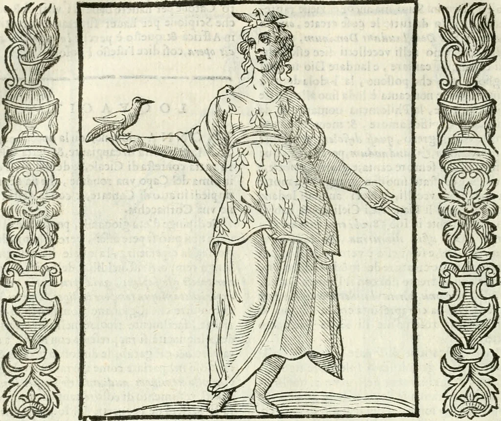 An illustration from Noua iconologia di Cesare Ripa perugino, caualier de SS. Mauritio & Lazzaro. Nella quale si descriuono diuerse imagini di virtù, vitij, affetti, passioni humane, arti, discipline, humori, elementi, corpi celesti, prouincie d'Italia, fiumi, tutte le parti del mondo, ed'altre infinite materie. Opera vtile ad oratori, predicatori, poeti, pittori, scultori, disegnatori, e ad'ogni studioso. Per inuentar concetti, emblemi, ed imprese, per diuisare qualsiuoglia apparato nuttiale, funerale, trionfale. Per rappresentar poemi drammatici, e per figurare co'suoi propij simboli ciò, che puo cadere in pensiero humano. Ampliata vltimamente dallo stesso auttore di trecento imagini, e arricchita di molti discorsi pieni di varia eruditione; con nuoui intagli, & con molti indici copiosi, 1618, leaf 663