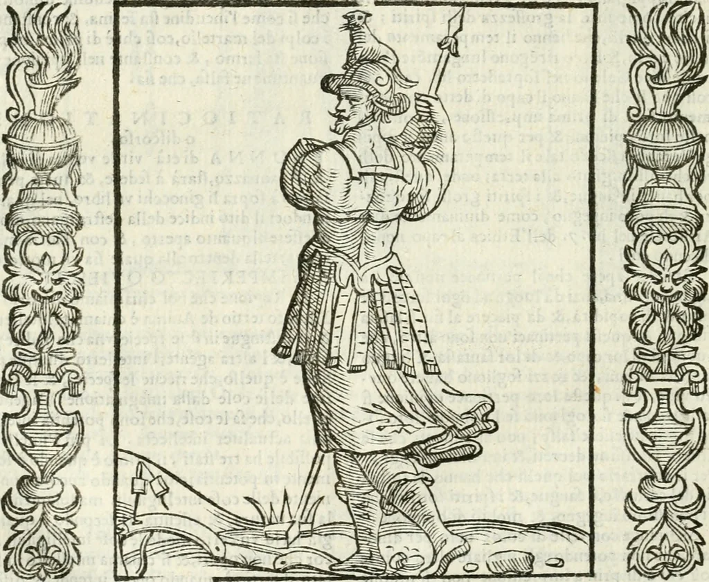 An illustration from Noua iconologia di Cesare Ripa perugino, caualier de SS. Mauritio & Lazzaro. Nella quale si descriuono diuerse imagini di virtù, vitij, affetti, passioni humane, arti, discipline, humori, elementi, corpi celesti, prouincie d'Italia, fiumi, tutte le parti del mondo, ed'altre infinite materie. Opera vtile ad oratori, predicatori, poeti, pittori, scultori, disegnatori, e ad'ogni studioso. Per inuentar concetti, emblemi, ed imprese, per diuisare qualsiuoglia apparato nuttiale, funerale, trionfale. Per rappresentar poemi drammatici, e per figurare co'suoi propij simboli ciò, che puo cadere in pensiero humano. Ampliata vltimamente dallo stesso auttore di trecento imagini, e arricchita di molti discorsi pieni di varia eruditione; con nuoui intagli, & con molti indici copiosi, 1618, leaf 669
