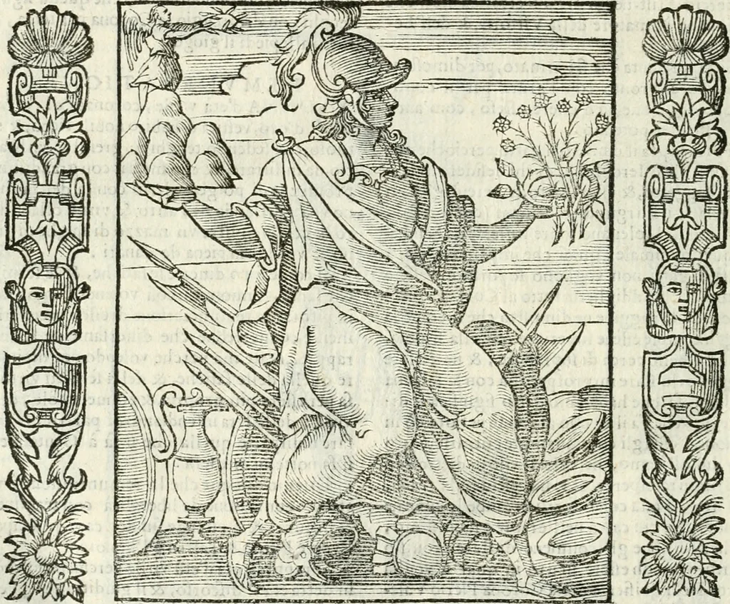 An illustration from Noua iconologia di Cesare Ripa perugino, caualier de SS. Mauritio & Lazzaro. Nella quale si descriuono diuerse imagini di virtù, vitij, affetti, passioni humane, arti, discipline, humori, elementi, corpi celesti, prouincie d'Italia, fiumi, tutte le parti del mondo, ed'altre infinite materie. Opera vtile ad oratori, predicatori, poeti, pittori, scultori, disegnatori, e ad'ogni studioso. Per inuentar concetti, emblemi, ed imprese, per diuisare qualsiuoglia apparato nuttiale, funerale, trionfale. Per rappresentar poemi drammatici, e per figurare co'suoi propij simboli ciò, che puo cadere in pensiero humano. Ampliata vltimamente dallo stesso auttore di trecento imagini, e arricchita di molti discorsi pieni di varia eruditione; con nuoui intagli, & con molti indici copiosi, 1618, leaf 671