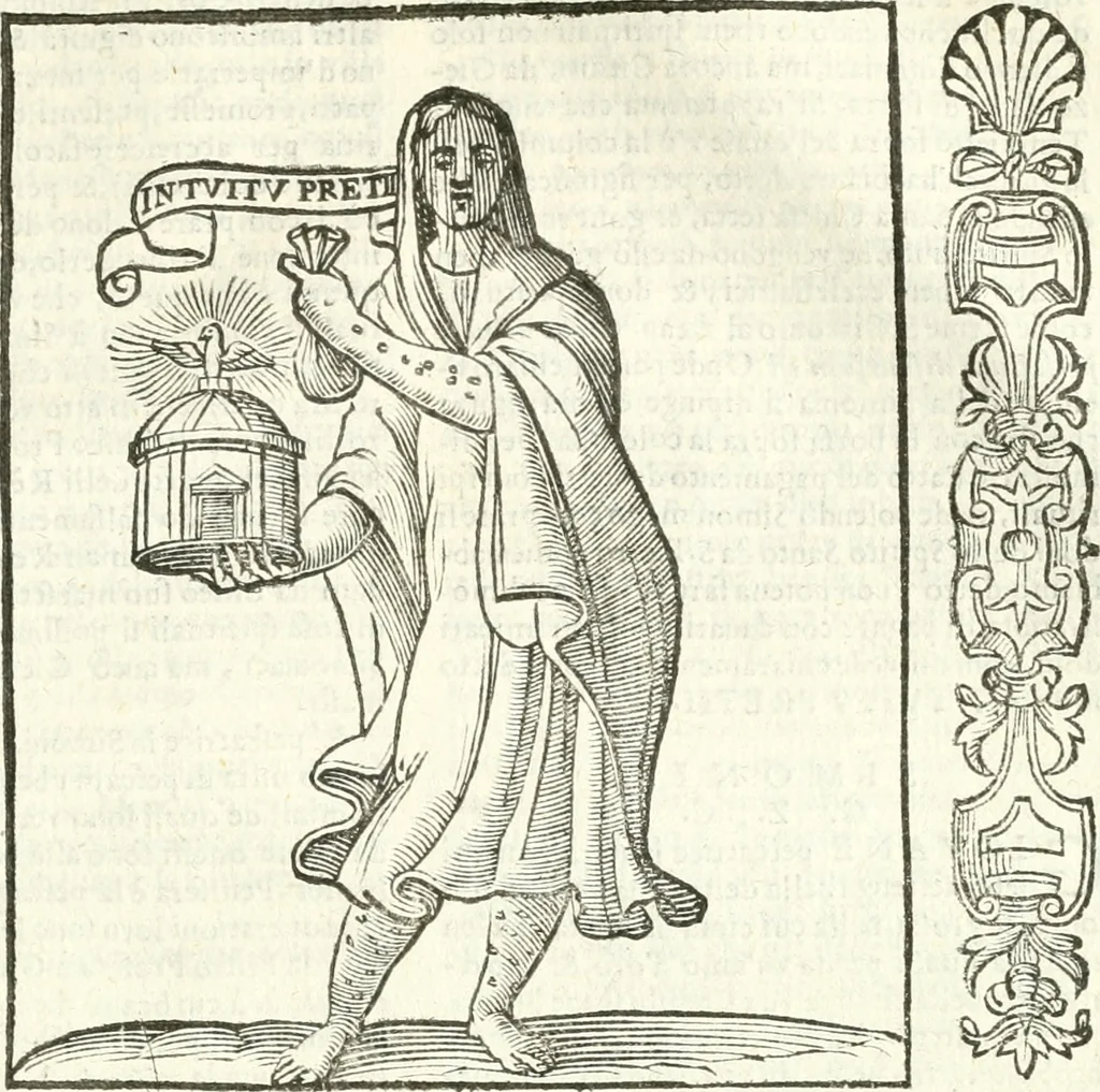 An illustration from Noua iconologia di Cesare Ripa perugino, caualier de SS. Mauritio & Lazzaro. Nella quale si descriuono diuerse imagini di virtù, vitij, affetti, passioni humane, arti, discipline, humori, elementi, corpi celesti, prouincie d'Italia, fiumi, tutte le parti del mondo, ed'altre infinite materie. Opera vtile ad oratori, predicatori, poeti, pittori, scultori, disegnatori, e ad'ogni studioso. Per inuentar concetti, emblemi, ed imprese, per diuisare qualsiuoglia apparato nuttiale, funerale, trionfale. Per rappresentar poemi drammatici, e per figurare co'suoi propij simboli ciò, che puo cadere in pensiero humano. Ampliata vltimamente dallo stesso auttore di trecento imagini, e arricchita di molti discorsi pieni di varia eruditione; con nuoui intagli, & con molti indici copiosi, 1618, leaf 678