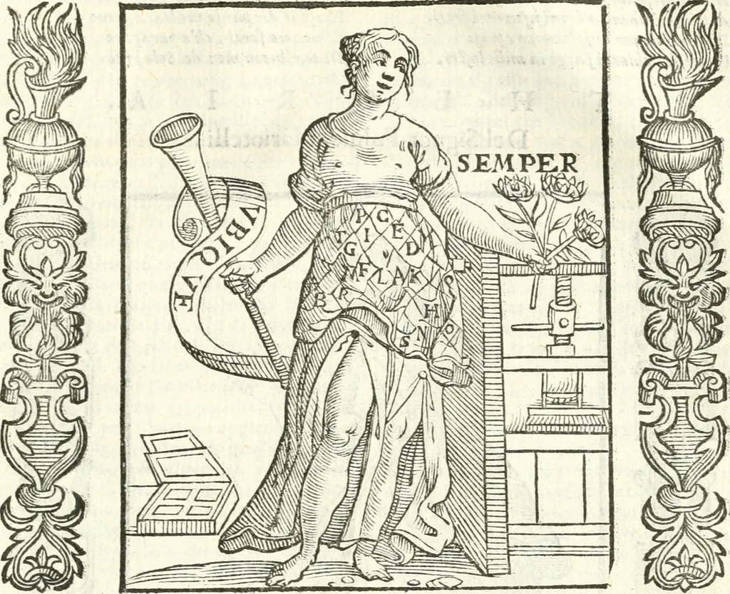 An illustration from Noua iconologia di Cesare Ripa perugino, caualier de SS. Mauritio & Lazzaro. Nella quale si descriuono diuerse imagini di virtù, vitij, affetti, passioni humane, arti, discipline, humori, elementi, corpi celesti, prouincie d'Italia, fiumi, tutte le parti del mondo, ed'altre infinite materie. Opera vtile ad oratori, predicatori, poeti, pittori, scultori, disegnatori, e ad'ogni studioso. Per inuentar concetti, emblemi, ed imprese, per diuisare qualsiuoglia apparato nuttiale, funerale, trionfale. Per rappresentar poemi drammatici, e per figurare co'suoi propij simboli ciò, che puo cadere in pensiero humano. Ampliata vltimamente dallo stesso auttore di trecento imagini, e arricchita di molti discorsi pieni di varia eruditione; con nuoui intagli, & con molti indici copiosi, 1618, leaf 682