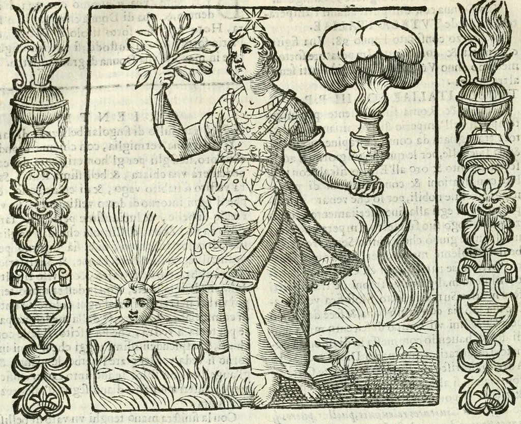 An illustration from Noua iconologia di Cesare Ripa perugino, caualier de SS. Mauritio & Lazzaro. Nella quale si descriuono diuerse imagini di virtù, vitij, affetti, passioni humane, arti, discipline, humori, elementi, corpi celesti, prouincie d'Italia, fiumi, tutte le parti del mondo, ed'altre infinite materie. Opera vtile ad oratori, predicatori, poeti, pittori, scultori, disegnatori, e ad'ogni studioso. Per inuentar concetti, emblemi, ed imprese, per diuisare qualsiuoglia apparato nuttiale, funerale, trionfale. Per rappresentar poemi drammatici, e per figurare co'suoi propij simboli ciò, che puo cadere in pensiero humano. Ampliata vltimamente dallo stesso auttore di trecento imagini, e arricchita di molti discorsi pieni di varia eruditione; con nuoui intagli, & con molti indici copiosi, 1618, leaf 689