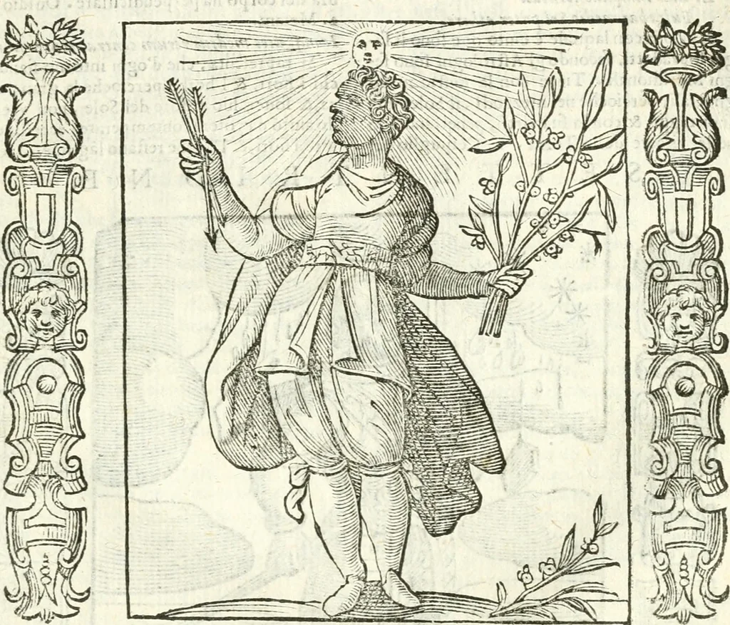 An illustration from Noua iconologia di Cesare Ripa perugino, caualier de SS. Mauritio & Lazzaro. Nella quale si descriuono diuerse imagini di virtù, vitij, affetti, passioni humane, arti, discipline, humori, elementi, corpi celesti, prouincie d'Italia, fiumi, tutte le parti del mondo, ed'altre infinite materie. Opera vtile ad oratori, predicatori, poeti, pittori, scultori, disegnatori, e ad'ogni studioso. Per inuentar concetti, emblemi, ed imprese, per diuisare qualsiuoglia apparato nuttiale, funerale, trionfale. Per rappresentar poemi drammatici, e per figurare co'suoi propij simboli ciò, che puo cadere in pensiero humano. Ampliata vltimamente dallo stesso auttore di trecento imagini, e arricchita di molti discorsi pieni di varia eruditione; con nuoui intagli, & con molti indici copiosi, 1618, leaf 690