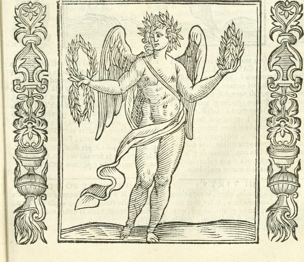 An illustration from Noua iconologia di Cesare Ripa perugino, caualier de SS. Mauritio & Lazzaro. Nella quale si descriuono diuerse imagini di virtù, vitij, affetti, passioni humane, arti, discipline, humori, elementi, corpi celesti, prouincie d'Italia, fiumi, tutte le parti del mondo, ed'altre infinite materie. Opera vtile ad oratori, predicatori, poeti, pittori, scultori, disegnatori, e ad'ogni studioso. Per inuentar concetti, emblemi, ed imprese, per diuisare qualsiuoglia apparato nuttiale, funerale, trionfale. Per rappresentar poemi drammatici, e per figurare co'suoi propij simboli ciò, che puo cadere in pensiero humano. Ampliata vltimamente dallo stesso auttore di trecento imagini, e arricchita di molti discorsi pieni di varia eruditione; con nuoui intagli, & con molti indici copiosi, 1618, leaf 70