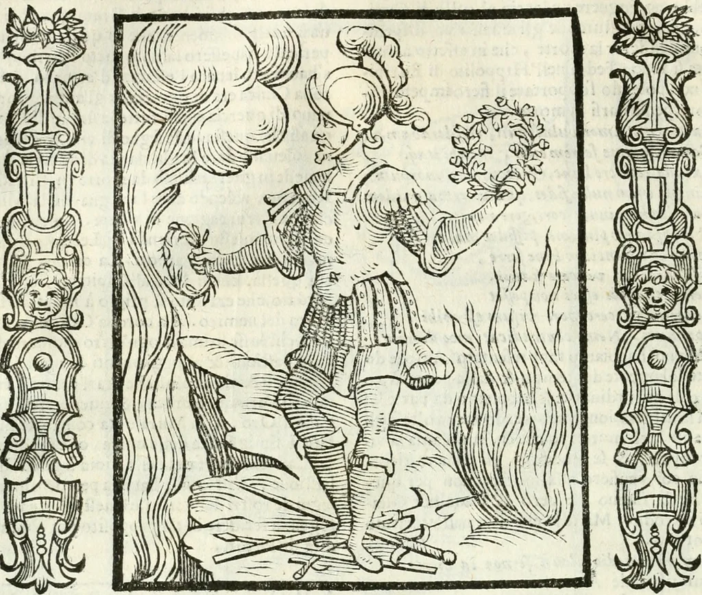 An illustration from Noua iconologia di Cesare Ripa perugino, caualier de SS. Mauritio & Lazzaro. Nella quale si descriuono diuerse imagini di virtù, vitij, affetti, passioni humane, arti, discipline, humori, elementi, corpi celesti, prouincie d'Italia, fiumi, tutte le parti del mondo, ed'altre infinite materie. Opera vtile ad oratori, predicatori, poeti, pittori, scultori, disegnatori, e ad'ogni studioso. Per inuentar concetti, emblemi, ed imprese, per diuisare qualsiuoglia apparato nuttiale, funerale, trionfale. Per rappresentar poemi drammatici, e per figurare co'suoi propij simboli ciò, che puo cadere in pensiero humano. Ampliata vltimamente dallo stesso auttore di trecento imagini, e arricchita di molti discorsi pieni di varia eruditione; con nuoui intagli, & con molti indici copiosi, 1618, leaf 77