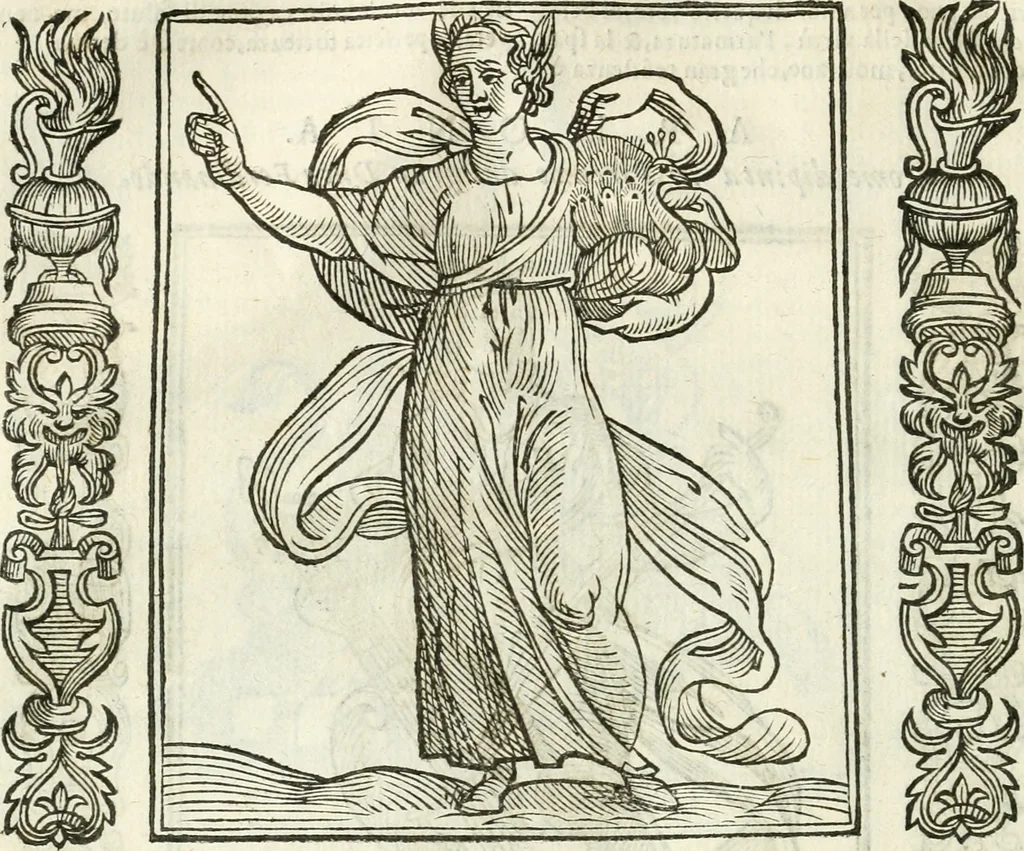 An illustration from Noua iconologia di Cesare Ripa perugino, caualier de SS. Mauritio & Lazzaro. Nella quale si descriuono diuerse imagini di virtù, vitij, affetti, passioni humane, arti, discipline, humori, elementi, corpi celesti, prouincie d'Italia, fiumi, tutte le parti del mondo, ed'altre infinite materie. Opera vtile ad oratori, predicatori, poeti, pittori, scultori, disegnatori, e ad'ogni studioso. Per inuentar concetti, emblemi, ed imprese, per diuisare qualsiuoglia apparato nuttiale, funerale, trionfale. Per rappresentar poemi drammatici, e per figurare co'suoi propij simboli ciò, che puo cadere in pensiero humano. Ampliata vltimamente dallo stesso auttore di trecento imagini, e arricchita di molti discorsi pieni di varia eruditione; con nuoui intagli, & con molti indici copiosi, 1618, leaf 87