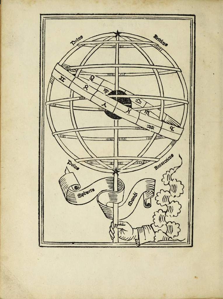 An illustration from Nouiciis adolfscentibus ad astronomicam rempu. capessenda[m] aditu[m] i[m]petra[n]tib[us], per breui rectoq[ue] tramite a uulgari uestigio semoto, Ioannis de Sacro Busto Sphe̜ricum opusculu[m] Georgiiq[ue] Purbachii I[n] mot[us] planetaru[m] accuratiss. theorice̜ Necno[n] contra Cremonensia in eorunde[m] planetaru[m] theoricas delirame[n]ta Ioa[n]nis de Mo[n]te Regio disputatio[n]es ta[m] accuratiss. q[uam] utiliss. dicatu[m] opus utili serie contextu[m] inchoat., leaf 8