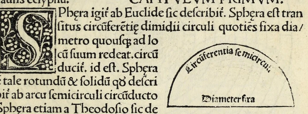 An illustration from Nouiciis adolfscentibus ad astronomicam rempu. capessenda[m] aditu[m] i[m]petra[n]tib[us], per breui rectoq[ue] tramite a uulgari uestigio semoto, Ioannis de Sacro Busto Sphe̜ricum opusculu[m] Georgiiq[ue] Purbachii I[n] mot[us] planetaru[m] accuratiss. theorice̜ Necno[n] contra Cremonensia in eorunde[m] planetaru[m] theoricas delirame[n]ta Ioa[n]nis de Mo[n]te Regio disputatio[n]es ta[m] accuratiss. q[uam] utiliss. dicatu[m] opus utili serie contextu[m] inchoat., leaf 9