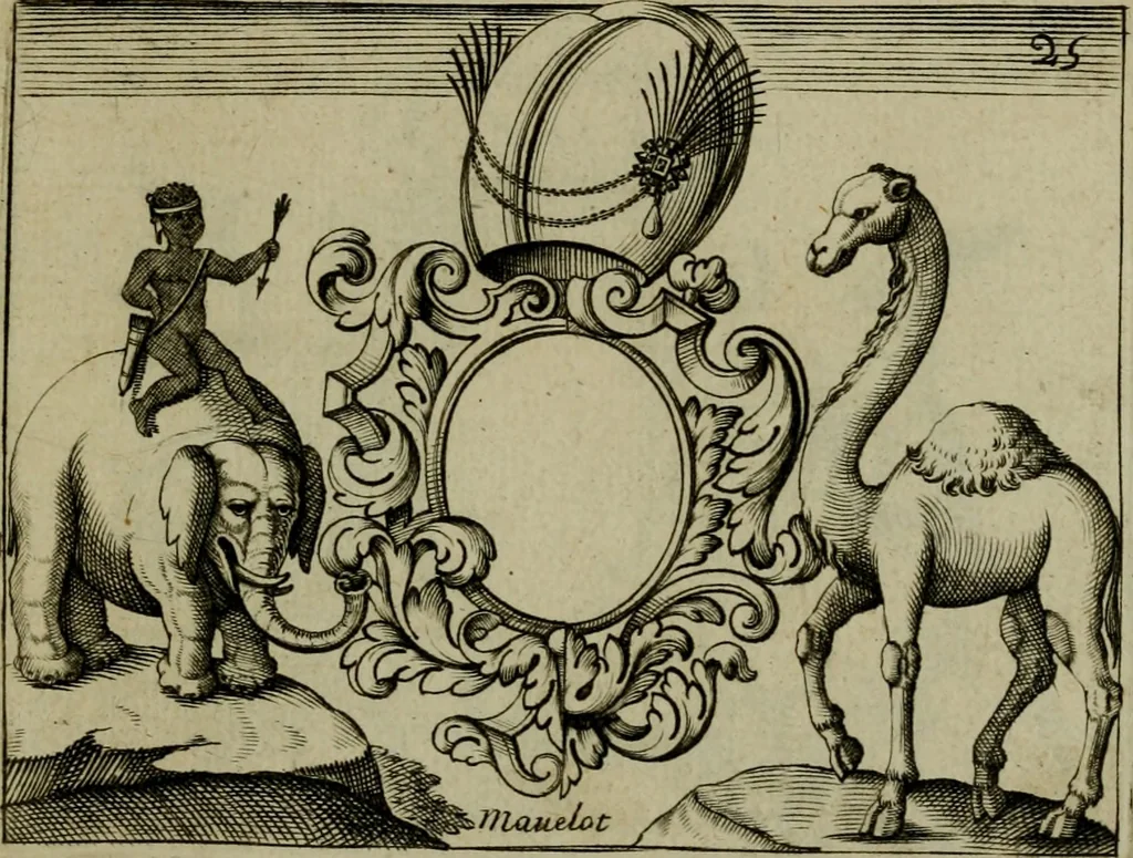 An illustration from Nouveau livre de differens cartouches, couronnes, casques, supports et tenans, 1685, leaf 100