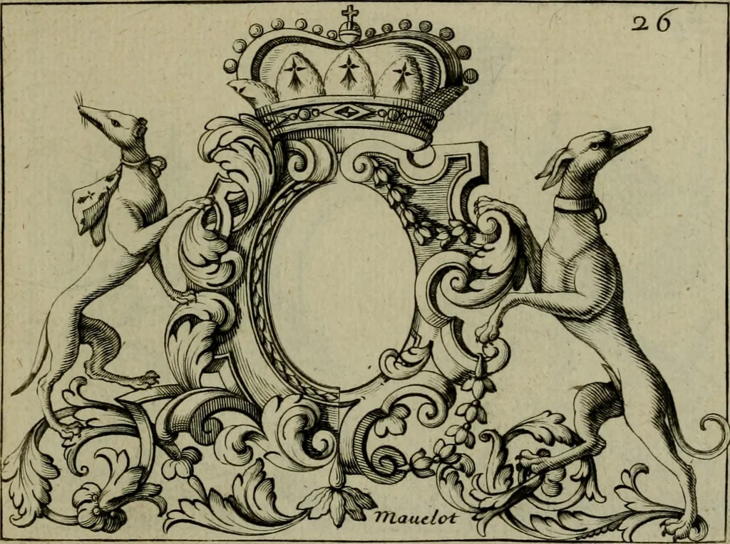 An illustration from Nouveau livre de differens cartouches, couronnes, casques, supports et tenans, 1685, leaf 102