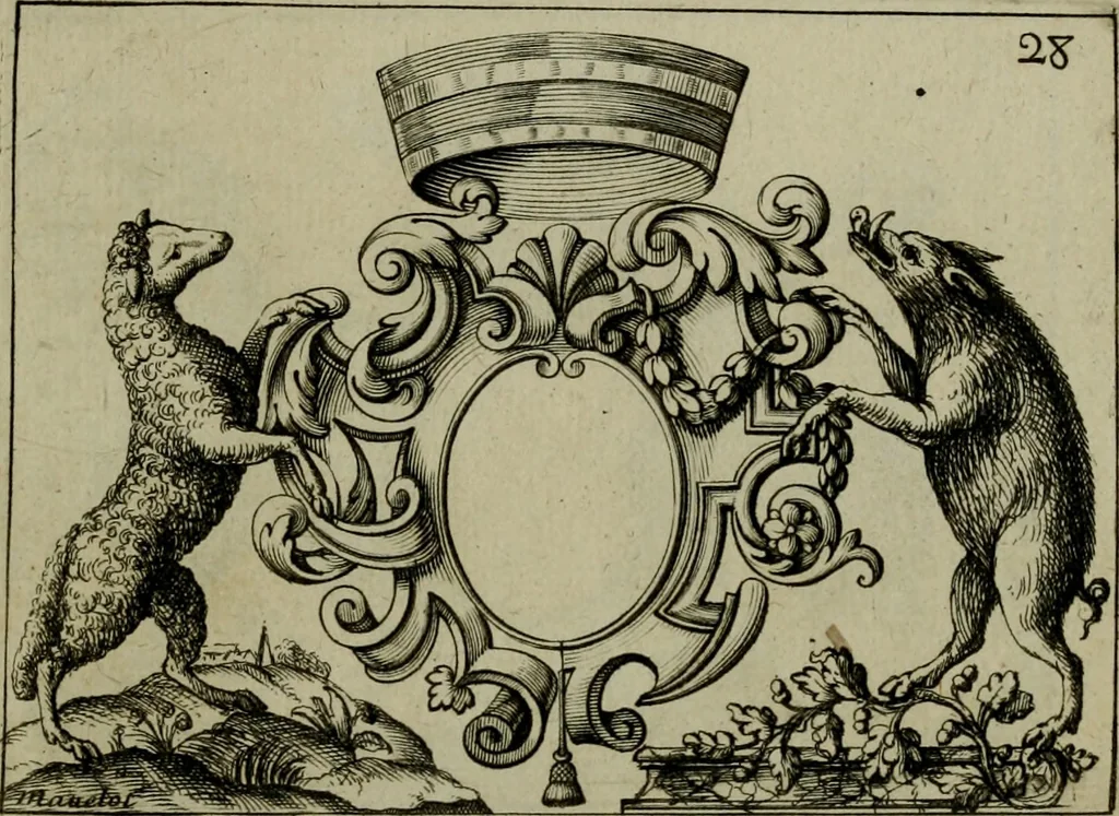 An illustration from Nouveau livre de differens cartouches, couronnes, casques, supports et tenans, 1685, leaf 106