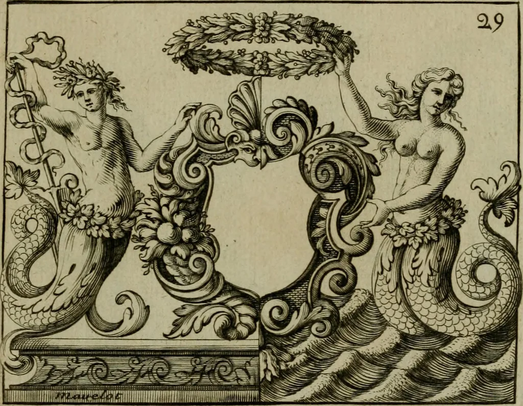 An illustration from Nouveau livre de differens cartouches, couronnes, casques, supports et tenans, 1685, leaf 108