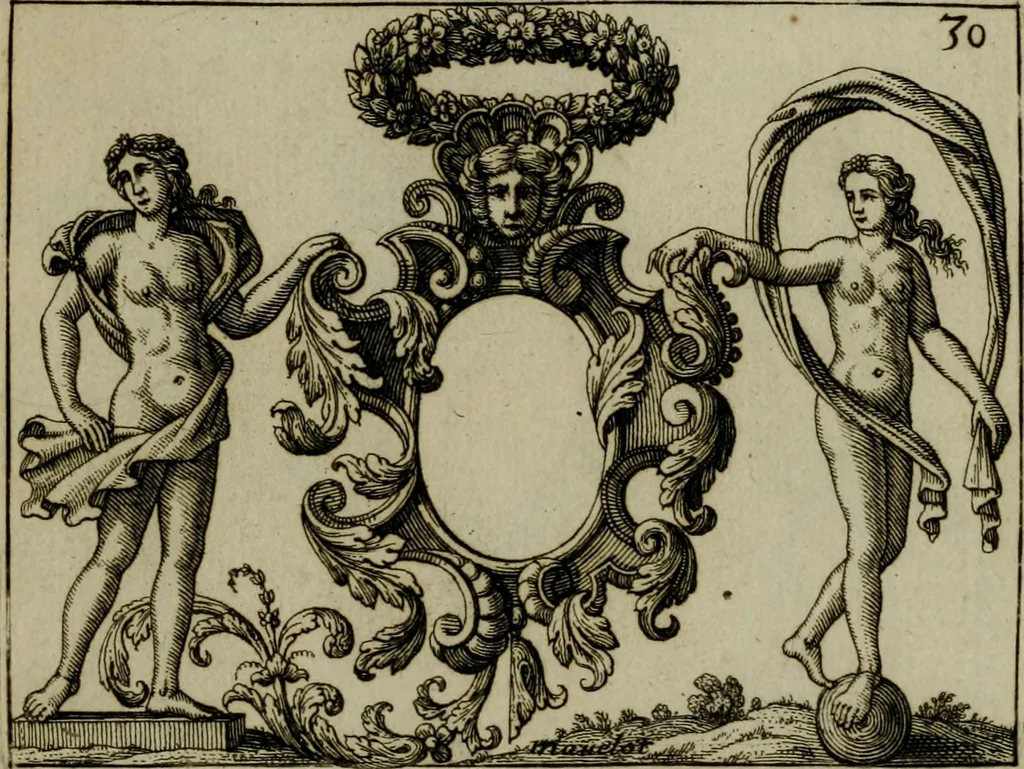 An illustration from Nouveau livre de differens cartouches, couronnes, casques, supports et tenans, 1685, leaf 110