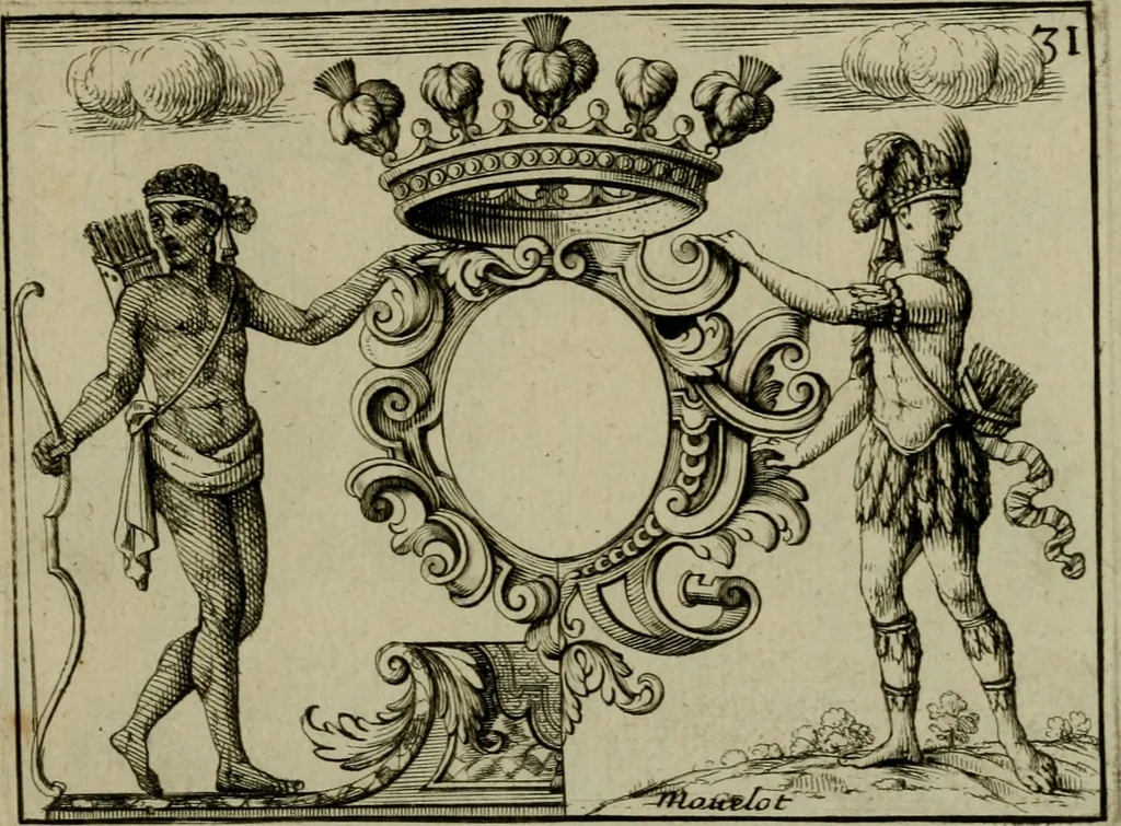 An illustration from Nouveau livre de differens cartouches, couronnes, casques, supports et tenans, 1685, leaf 112