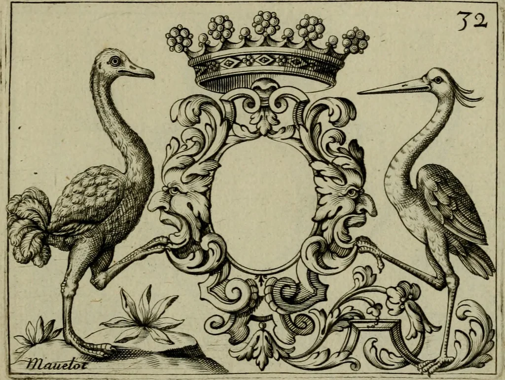 An illustration from Nouveau livre de differens cartouches, couronnes, casques, supports et tenans, 1685, leaf 114