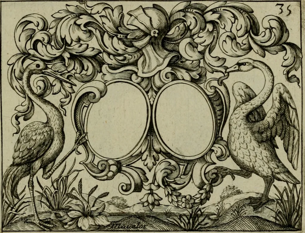 An illustration from Nouveau livre de differens cartouches, couronnes, casques, supports et tenans, 1685, leaf 120