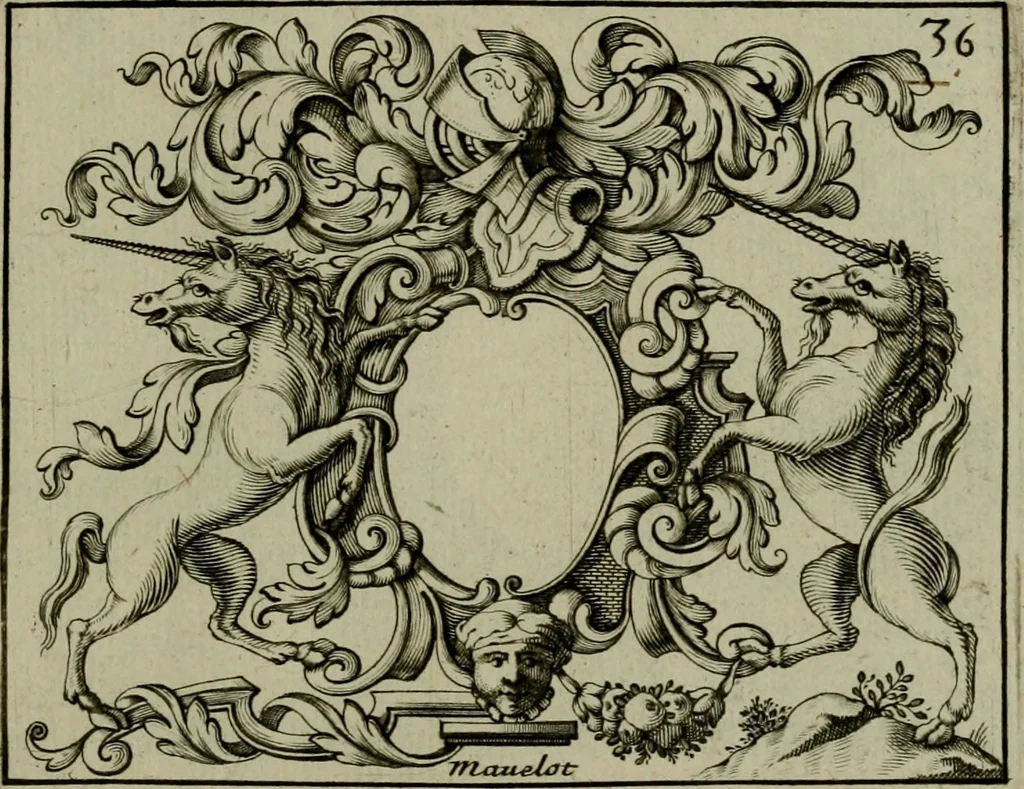 An illustration from Nouveau livre de differens cartouches, couronnes, casques, supports et tenans, 1685, leaf 122