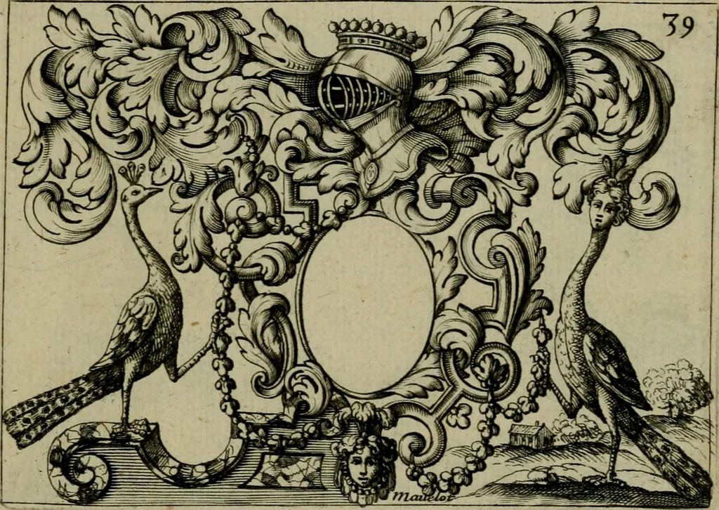 An illustration from Nouveau livre de differens cartouches, couronnes, casques, supports et tenans, 1685, leaf 128