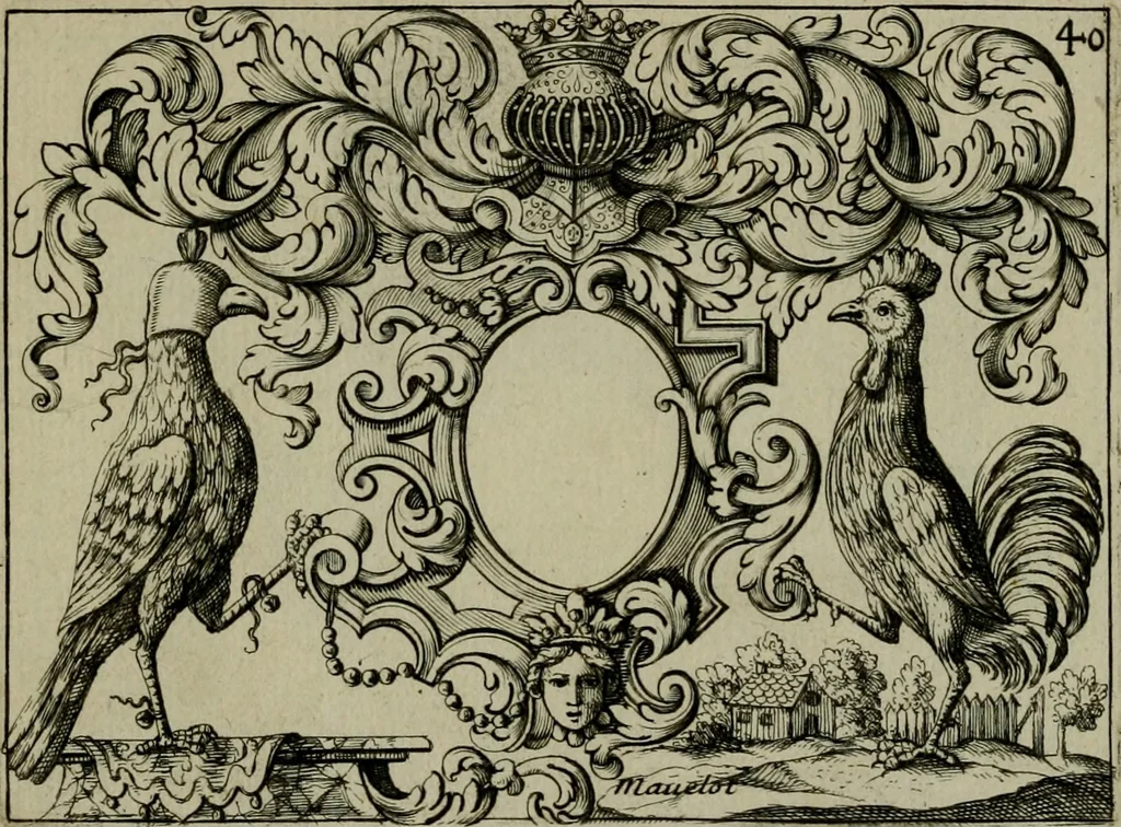 An illustration from Nouveau livre de differens cartouches, couronnes, casques, supports et tenans, 1685, leaf 130