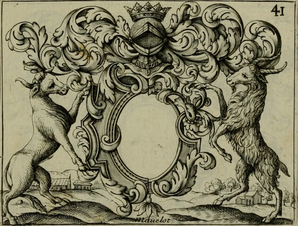An illustration from Nouveau livre de differens cartouches, couronnes, casques, supports et tenans, 1685, leaf 132