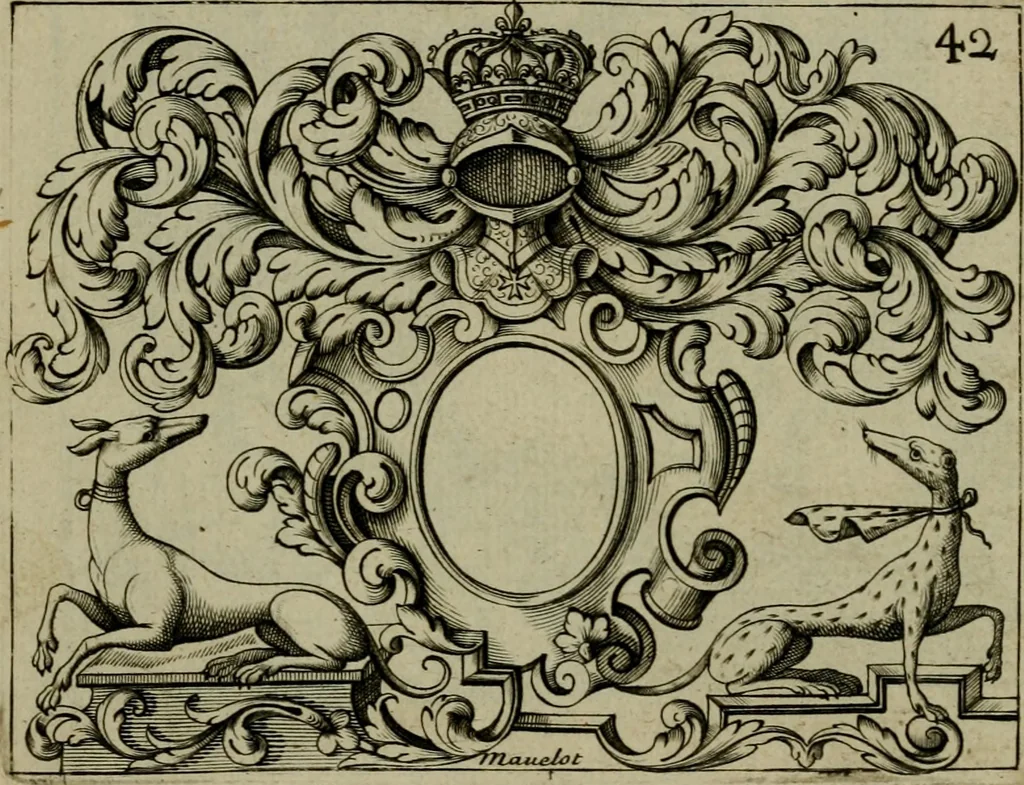An illustration from Nouveau livre de differens cartouches, couronnes, casques, supports et tenans, 1685, leaf 134