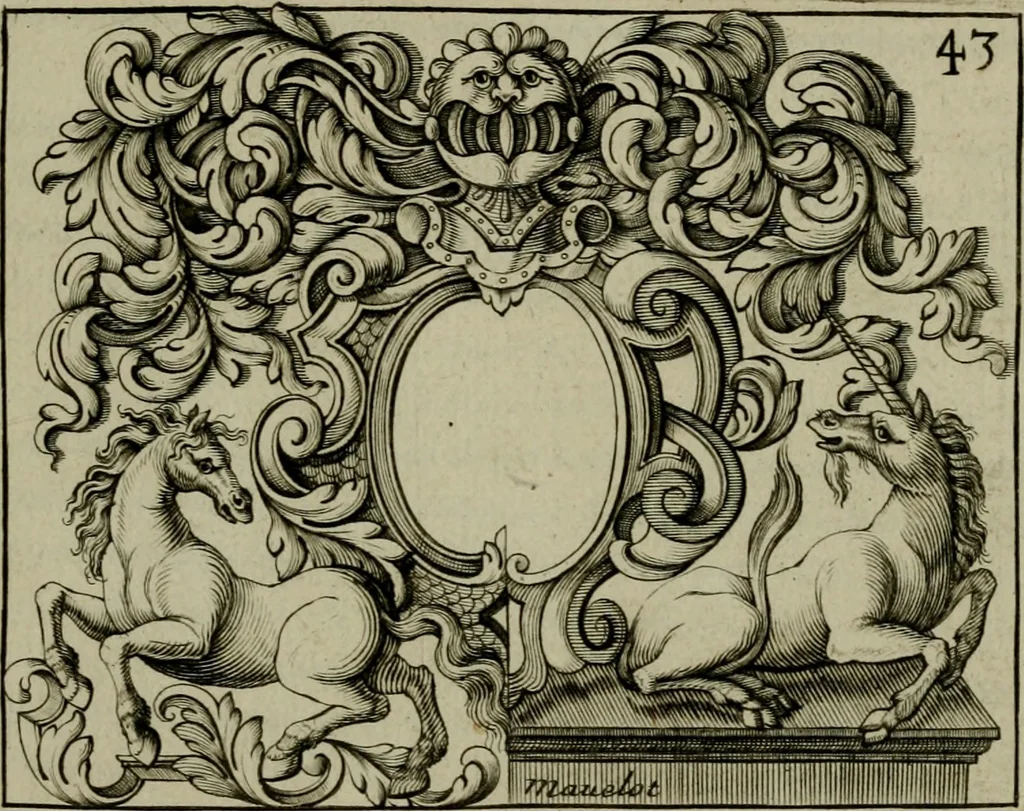An illustration from Nouveau livre de differens cartouches, couronnes, casques, supports et tenans, 1685, leaf 136