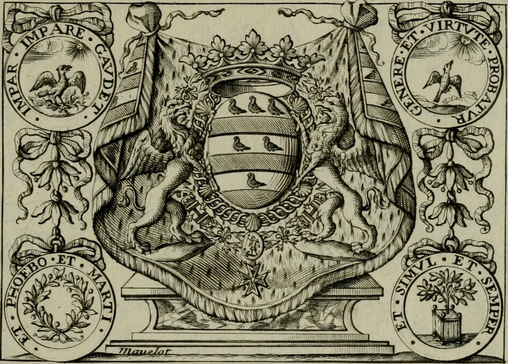 An illustration from Nouveau livre de differens cartouches, couronnes, casques, supports et tenans, 1685, leaf 16