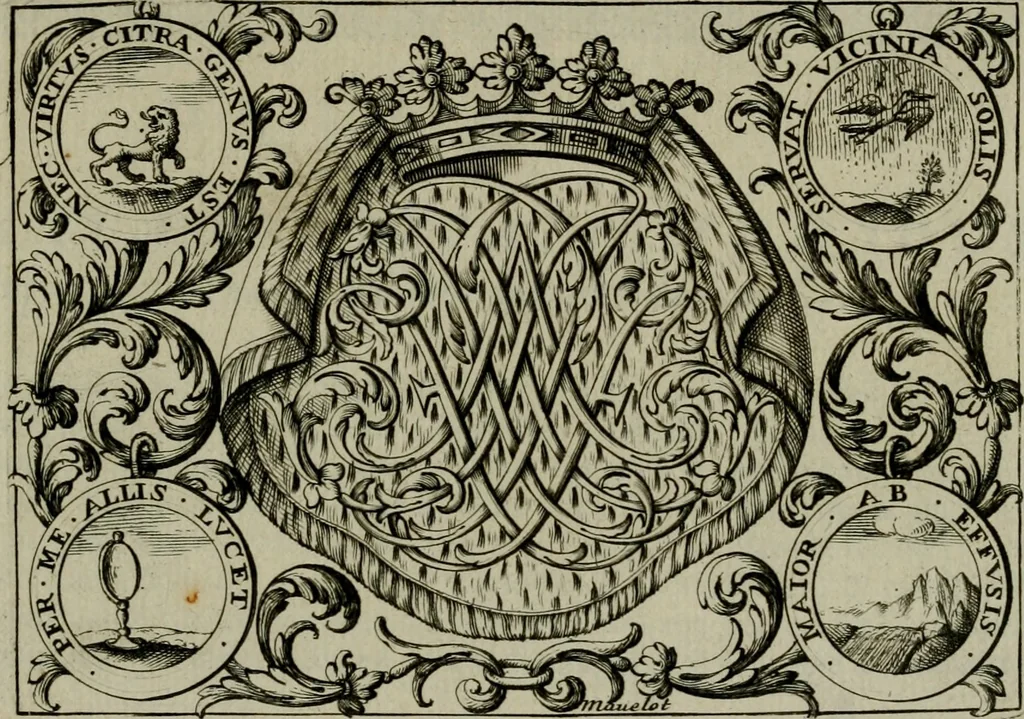 An illustration from Nouveau livre de differens cartouches, couronnes, casques, supports et tenans, 1685, leaf 18
