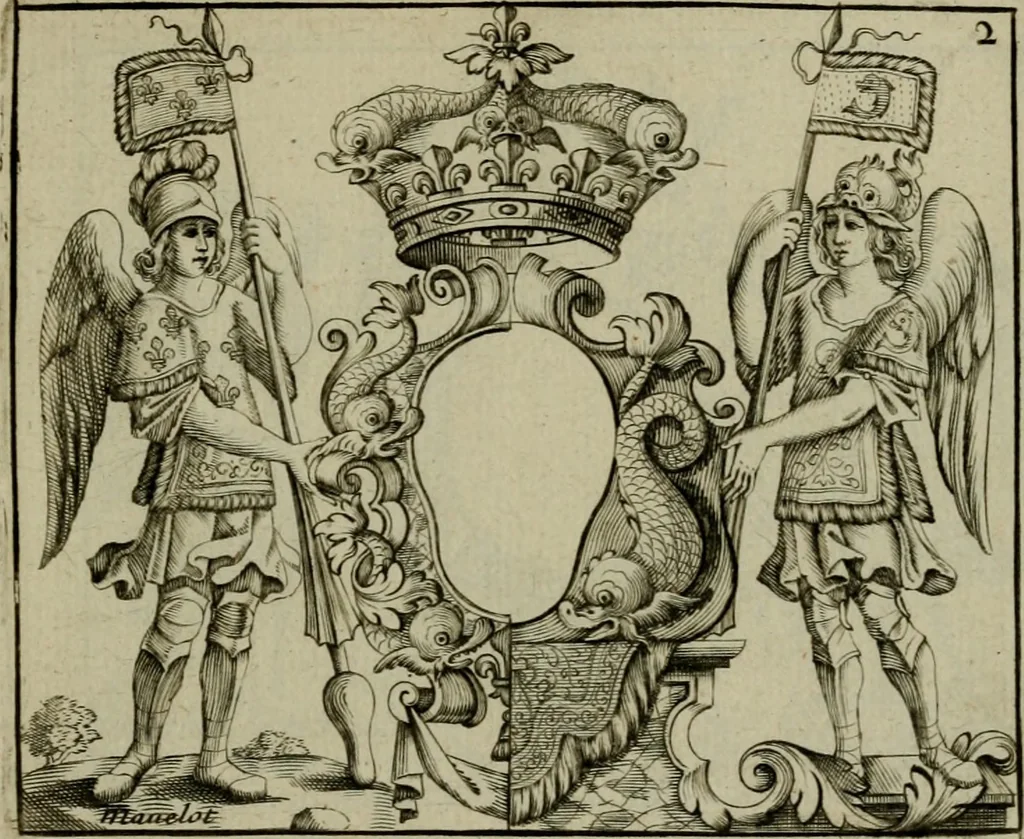 An illustration from Nouveau livre de differens cartouches, couronnes, casques, supports et tenans, 1685, leaf 54