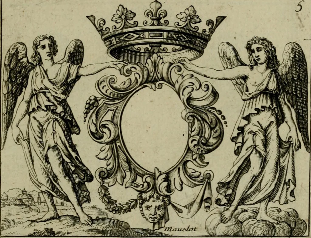 An illustration from Nouveau livre de differens cartouches, couronnes, casques, supports et tenans, 1685, leaf 60