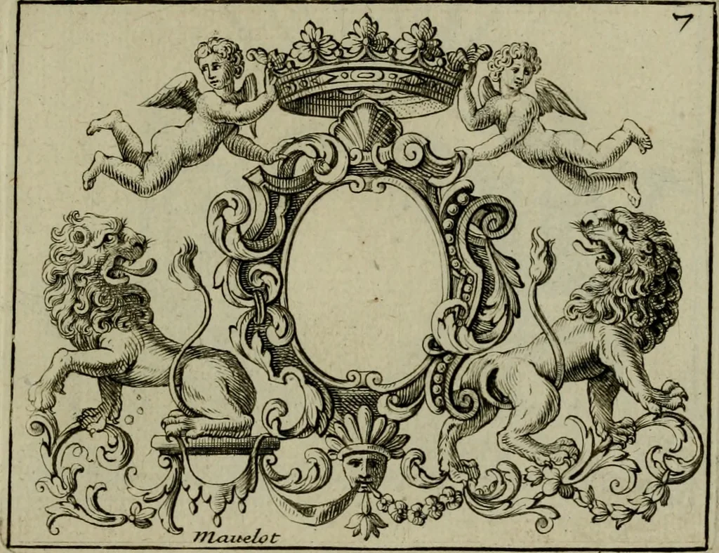 An illustration from Nouveau livre de differens cartouches, couronnes, casques, supports et tenans, 1685, leaf 64