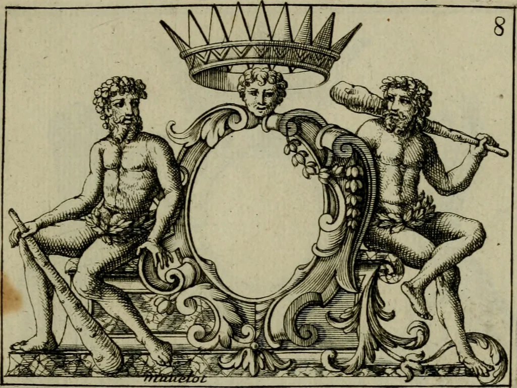 An illustration from Nouveau livre de differens cartouches, couronnes, casques, supports et tenans, 1685, leaf 66
