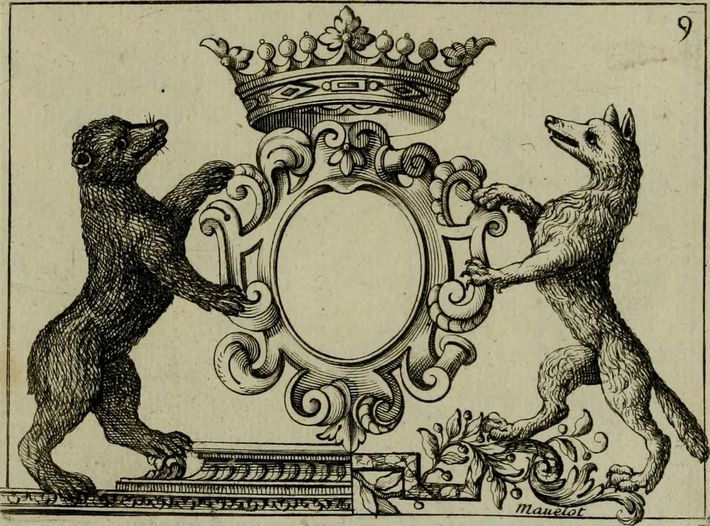 An illustration from Nouveau livre de differens cartouches, couronnes, casques, supports et tenans, 1685, leaf 68
