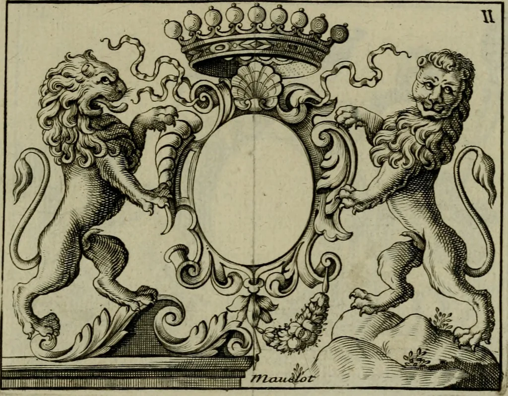 An illustration from Nouveau livre de differens cartouches, couronnes, casques, supports et tenans, 1685, leaf 72
