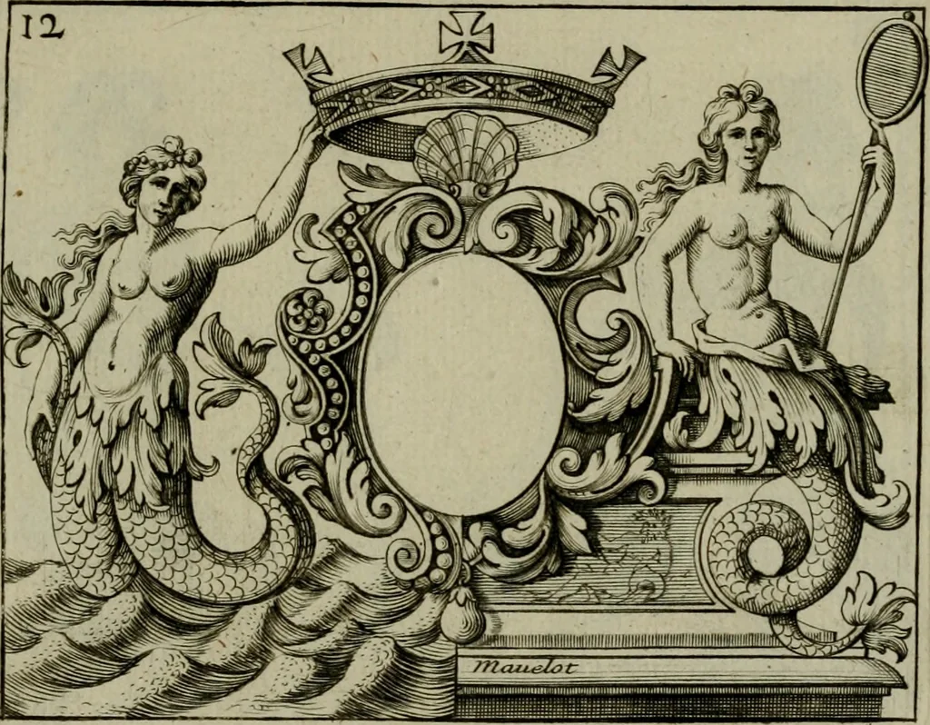 An illustration from Nouveau livre de differens cartouches, couronnes, casques, supports et tenans, 1685, leaf 74