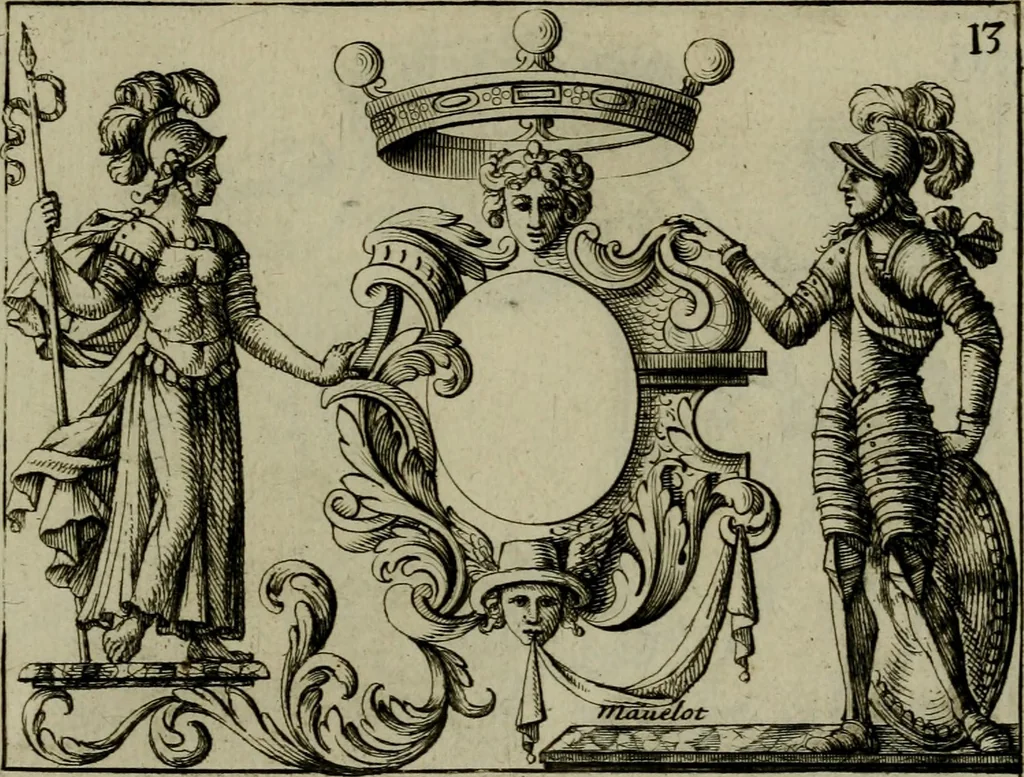 An illustration from Nouveau livre de differens cartouches, couronnes, casques, supports et tenans, 1685, leaf 76