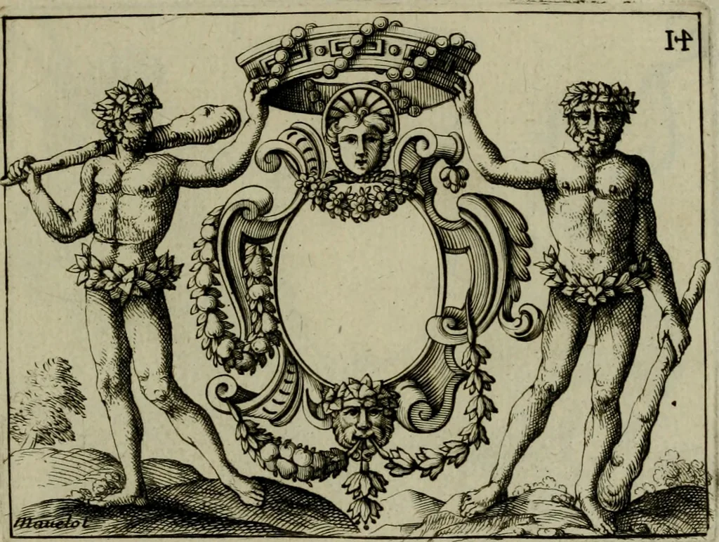 An illustration from Nouveau livre de differens cartouches, couronnes, casques, supports et tenans, 1685, leaf 78