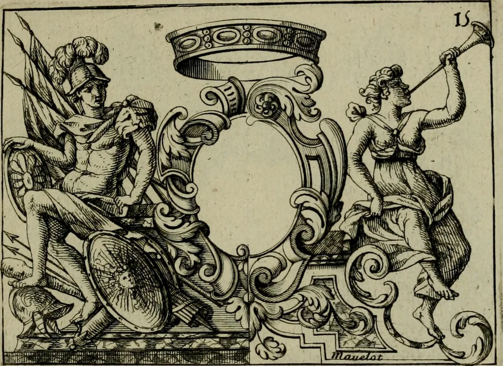An illustration from Nouveau livre de differens cartouches, couronnes, casques, supports et tenans, 1685, leaf 80