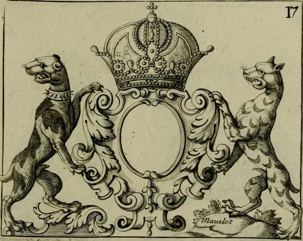An illustration from Nouveau livre de differens cartouches, couronnes, casques, supports et tenans, 1685, leaf 84