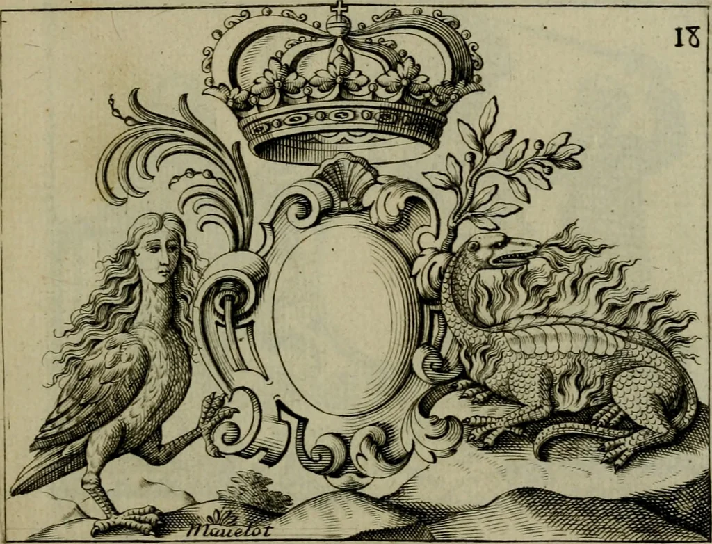 An illustration from Nouveau livre de differens cartouches, couronnes, casques, supports et tenans, 1685, leaf 86
