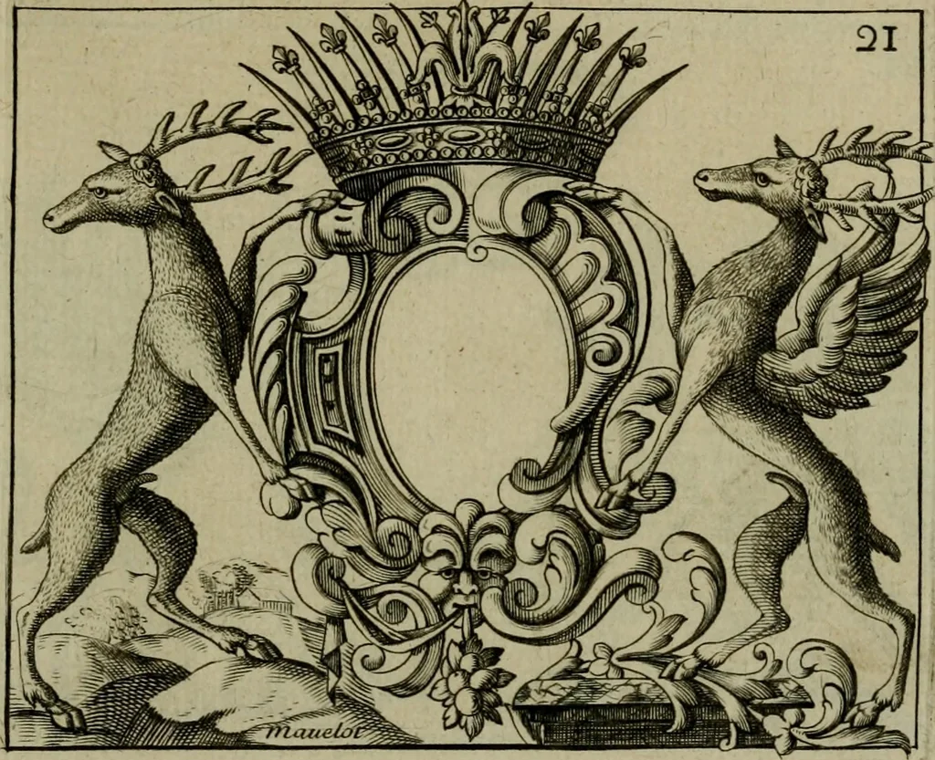 An illustration from Nouveau livre de differens cartouches, couronnes, casques, supports et tenans, 1685, leaf 92