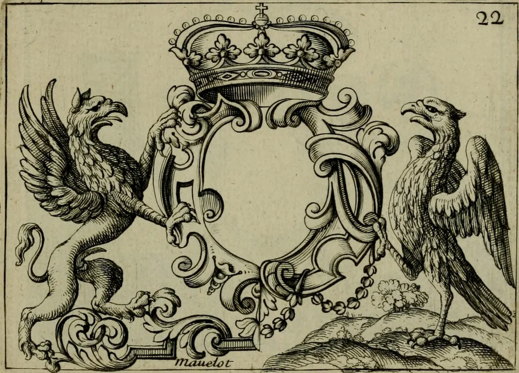 An illustration from Nouveau livre de differens cartouches, couronnes, casques, supports et tenans, 1685, leaf 94