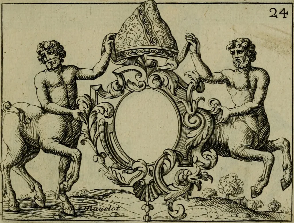 An illustration from Nouveau livre de differens cartouches, couronnes, casques, supports et tenans, 1685, leaf 98