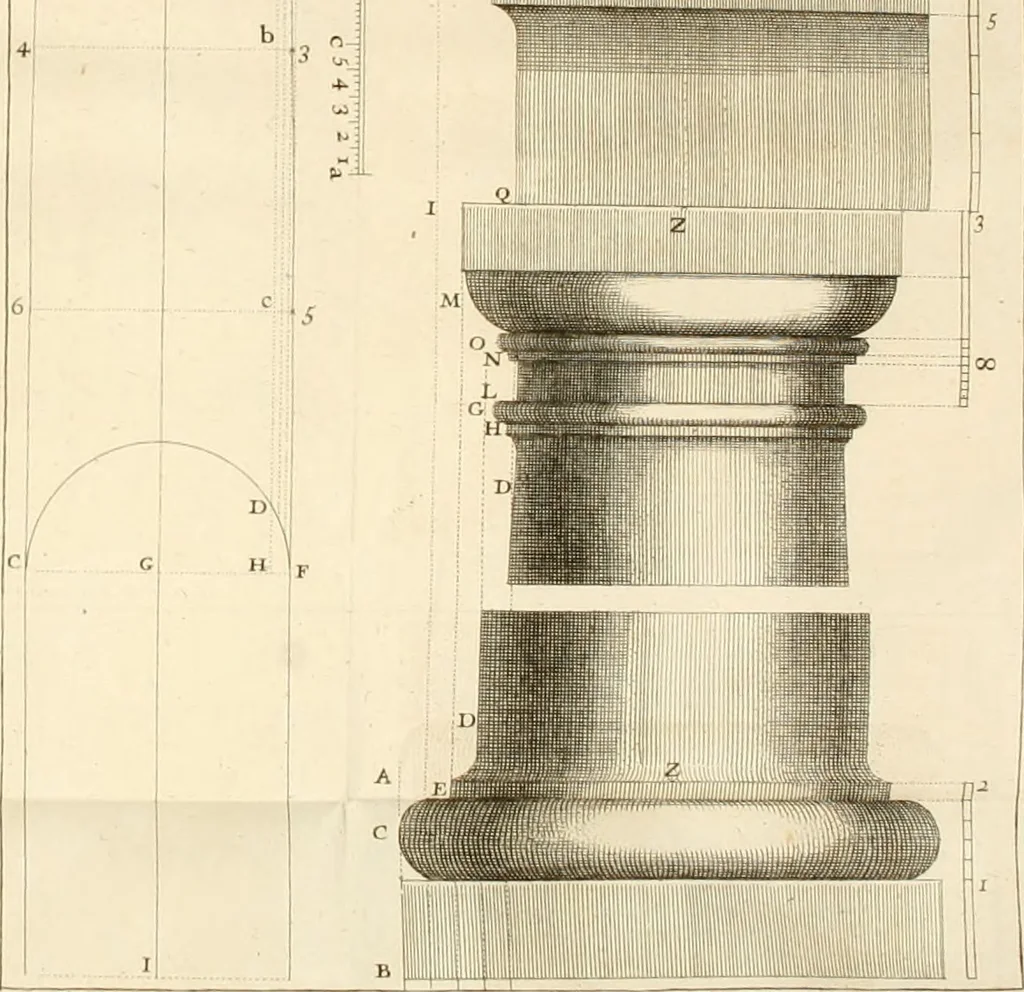 An illustration from Nouveau traité de toute l'architecture, ou, L'art de bastir : utile aux entrepreneurs et aux ouvriers : on y trouvera aisément & sans fraction le mesure de chaque ordre de colonnes, & ce qu'il faut observer dans les edifices publics ou particuliers : avec un dictionnaire des termes d'architecture, &c., 1714, leaf 313