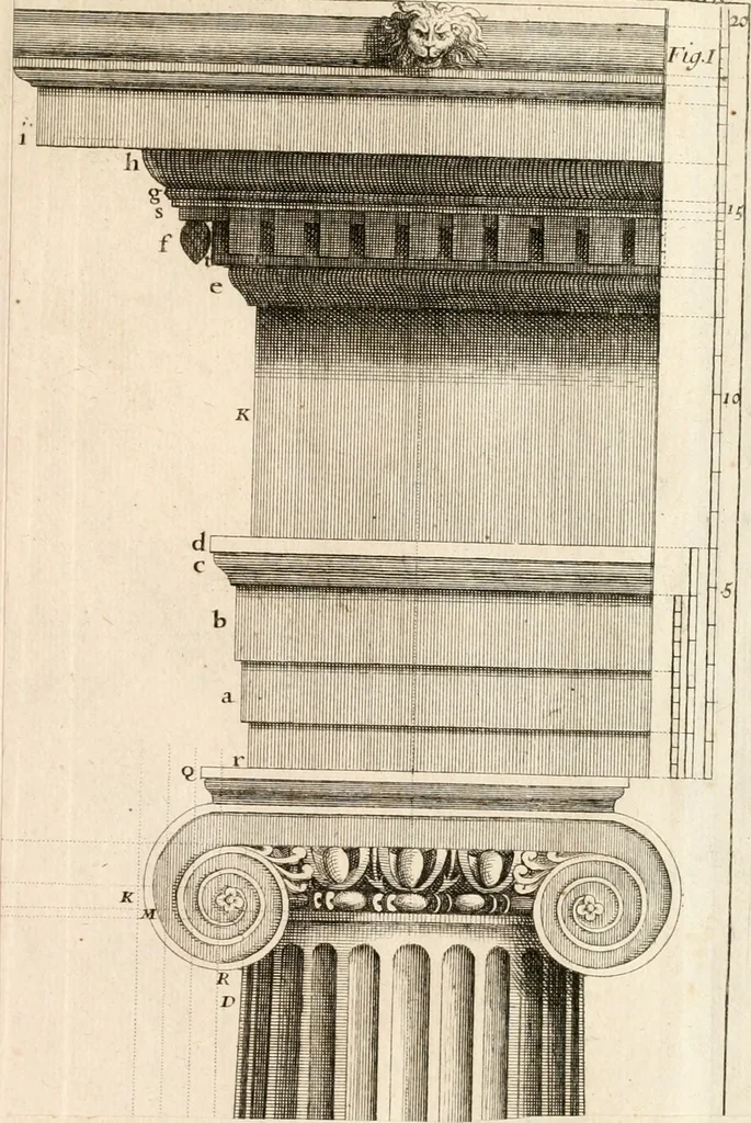 An illustration from Nouveau traité de toute l'architecture, ou, L'art de bastir : utile aux entrepreneurs et aux ouvriers : on y trouvera aisément & sans fraction le mesure de chaque ordre de colonnes, & ce qu'il faut observer dans les edifices publics ou particuliers : avec un dictionnaire des termes d'architecture, &c., 1714, leaf 316