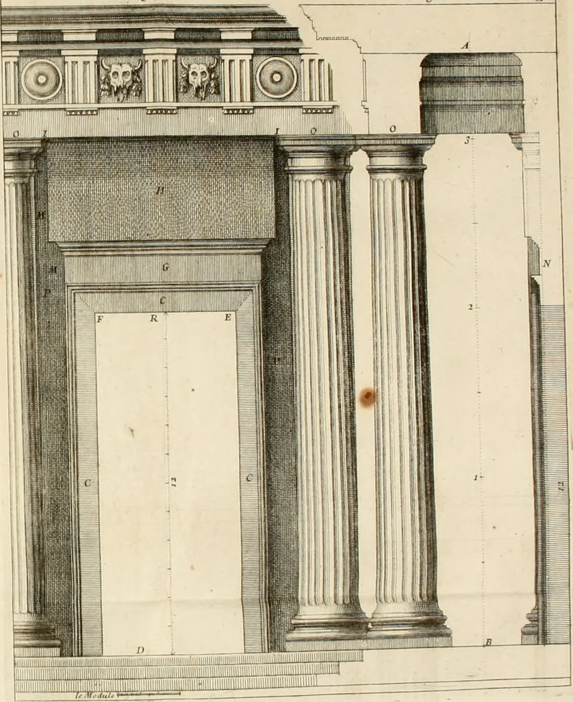 An illustration from Nouveau traité de toute l'architecture, ou, L'art de bastir : utile aux entrepreneurs et aux ouvriers : on y trouvera aisément & sans fraction le mesure de chaque ordre de colonnes, & ce qu'il faut observer dans les edifices publics ou particuliers : avec un dictionnaire des termes d'architecture, &c., 1714, leaf 327
