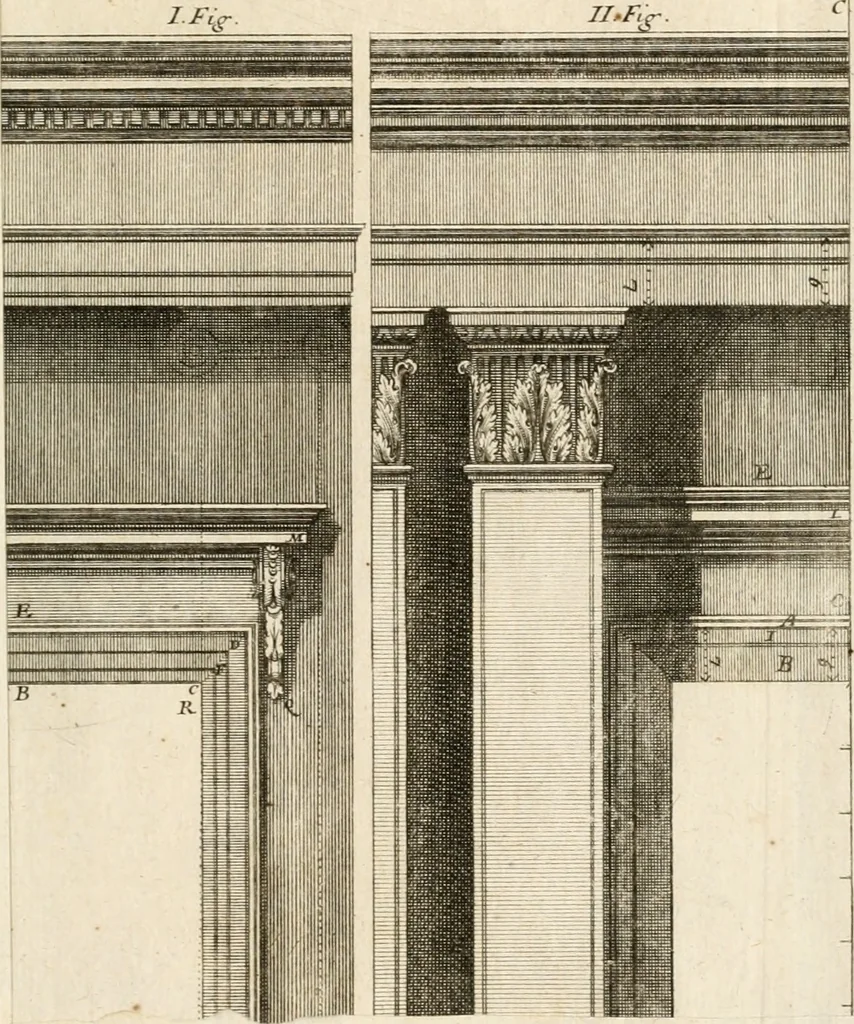 An illustration from Nouveau traité de toute l'architecture, ou, L'art de bastir : utile aux entrepreneurs et aux ouvriers : on y trouvera aisément & sans fraction le mesure de chaque ordre de colonnes, & ce qu'il faut observer dans les edifices publics ou particuliers : avec un dictionnaire des termes d'architecture, &c., 1714, leaf 328
